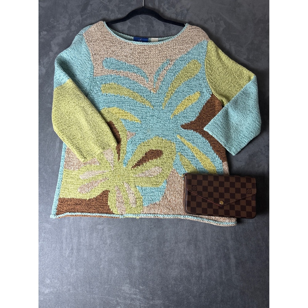 Abstract Floral Knit Sweater XL Blue Green Cotton Blend